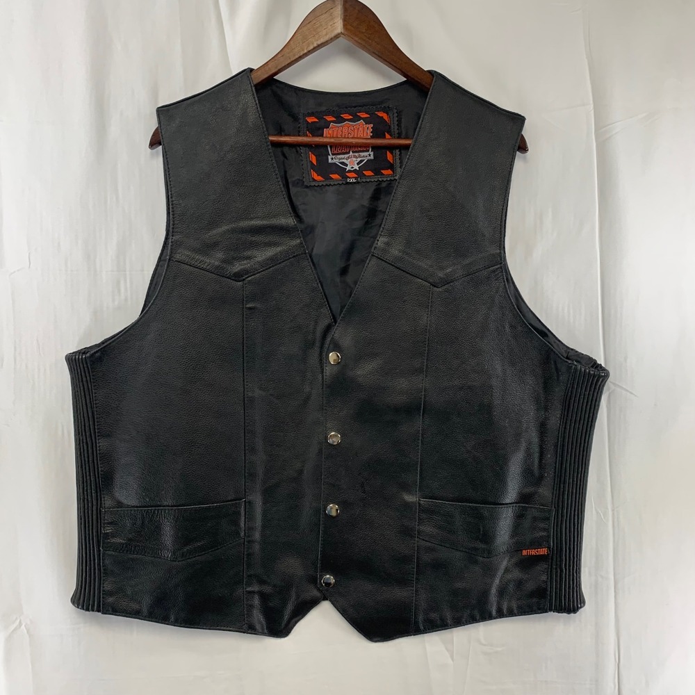 Interstate Leather Biker Vest Mens 2XL Black‎ Snap Front Ribbed Side Panels